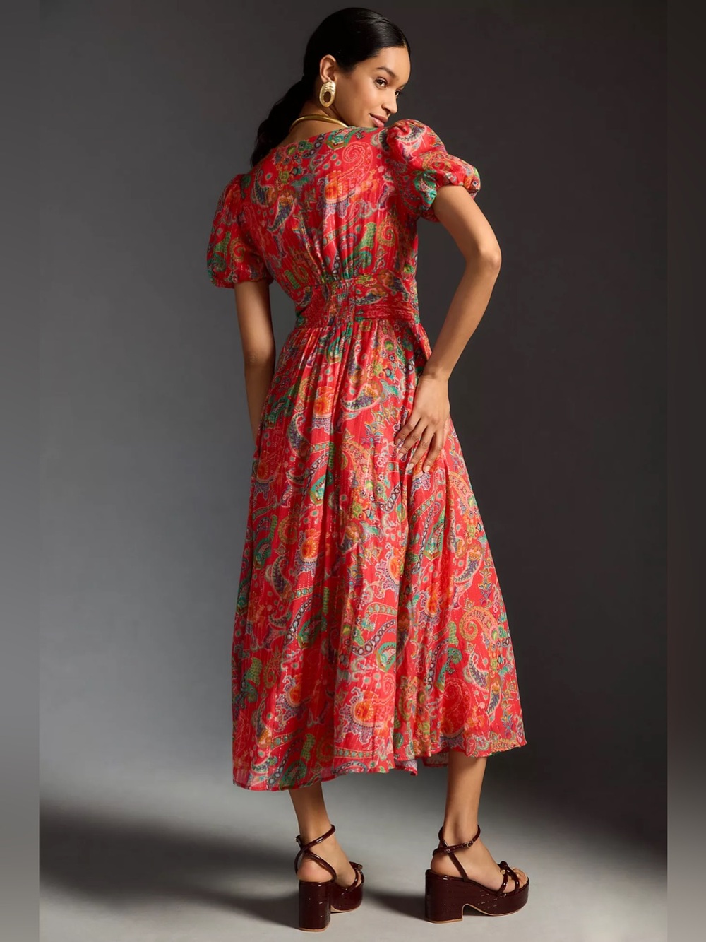 Anthropologie The Katerina Lurex Button Front Midi Dress Red Paisley Shimmer 4 - Picture 6 of 12